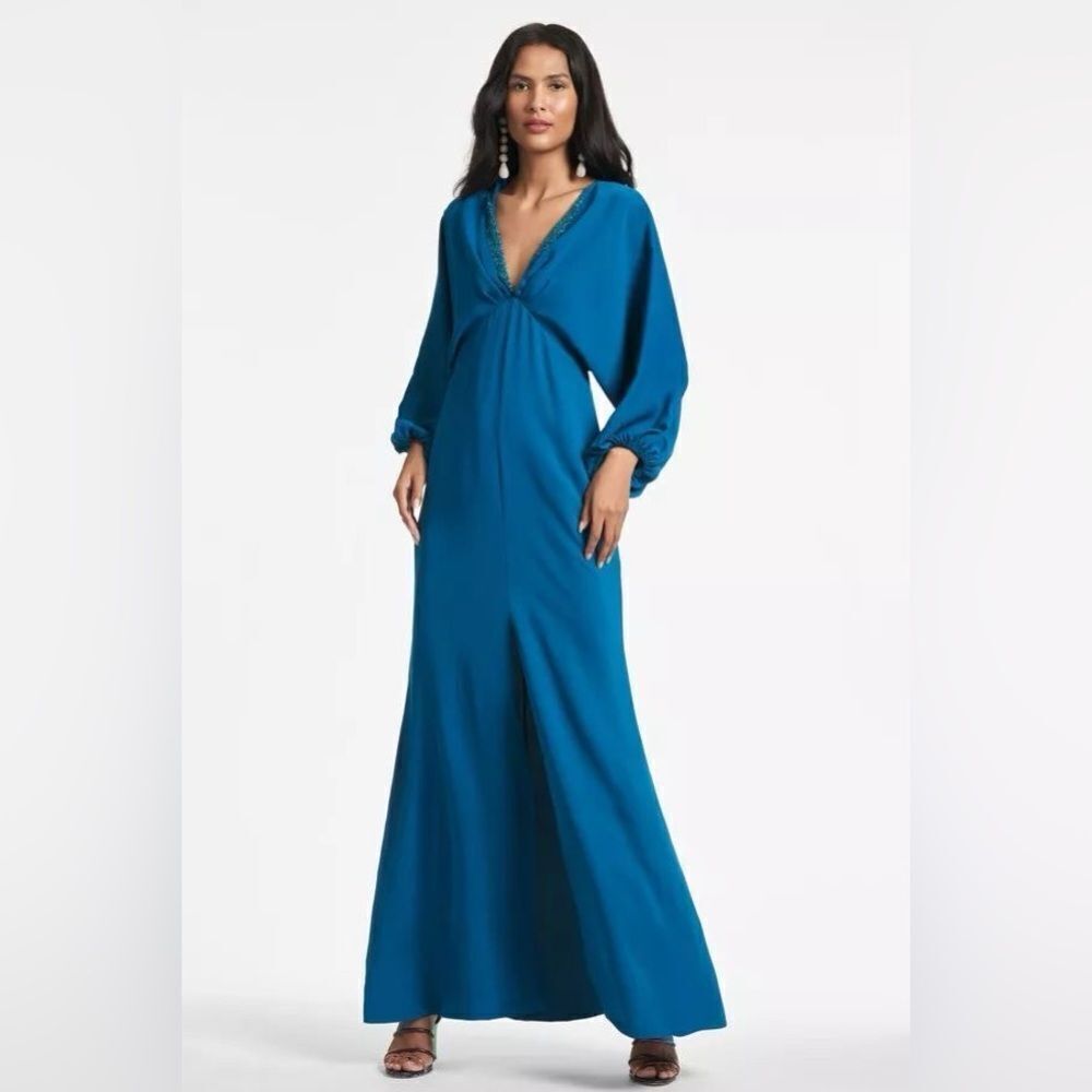 Sachin & Babi Gabby Gown Maxi Dress Long Sleeve V Neck in Teal Crepe Size 4 NEW